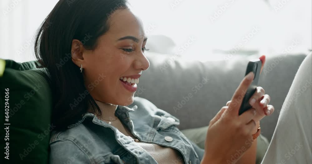 Aufkleber woman, phone and and happy text in home with social media post, networking and online on a sofa. mob