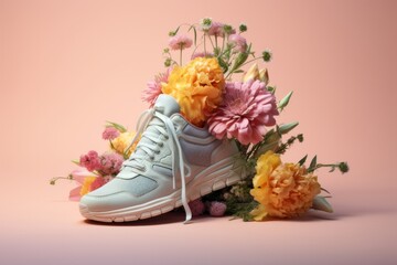 A bouquet of bright flowers crafted from a sneaker on a pink background, blending sport with beauty