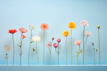 Vivid flowers on a soft blue background with gentle lighting, epitomizing minimalism