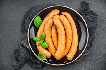 soy sausages vegetable protein seitan meatless wheat vegetarian or vegan snack ready to eat on the table healthy meal snack top view  copy space for text food background rustic