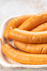 soy sausages vegetable protein seitan meatless wheat vegetarian or vegan snack ready to eat on the table healthy meal snack top view  copy space for text food background rustic