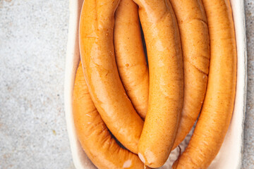 soy sausages vegetable protein seitan meatless wheat vegetarian or vegan snack ready to eat on the table healthy meal snack top view  copy space for text food background rustic