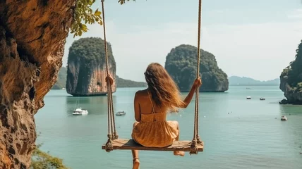 Crédence de cuisine en verre imprimé Railay Beach, Krabi, Thaïlande Traveler woman relaxing on swing above Andaman sea Railay beach Krabi,Thailand.
