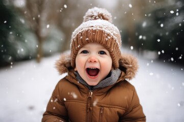 Cute child with happy face wearing a warm hat and warm jacket surrounded with snowflakes. Winter holidays concept.