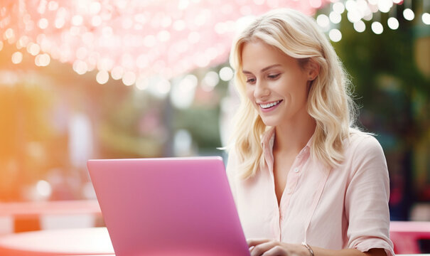 hübsche Frau arbeitet unterwegs mit pinkfarbenen Laptop