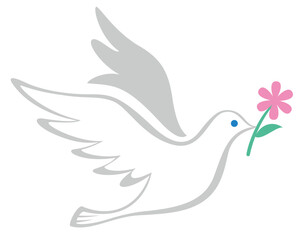 羽ばたく白鳩の色付きイラスト（花）／pigeon silhouette