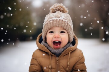 Cute child with happy face wearing a warm hat and warm jacket surrounded with snowflakes. Winter holidays concept.