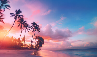 Obraz premium Silhouette of palm trees on beach at sunset.
