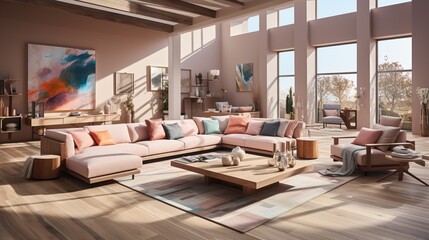 Spacious living room with modern sofas wooden floors pastel colored walls large open space