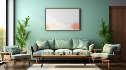 Stylish elegant living room interior with design green sofa and mock up poster frame template