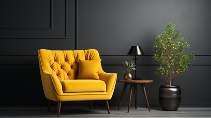The interior has a yellow armchair on empty dark wall background
