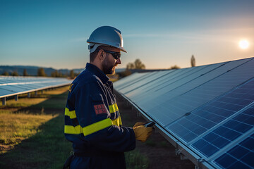 Innovating Sustainability Engineer in Uniform Uses Tablet to Control Solar Cell Farm for Clean Energy Generation. created with Generative AI