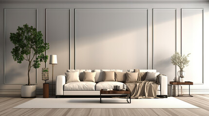 Contemporary Elegance: Expansive Living Room Interior with White Wall, Hardwood Floors, Designer Furniture, and Cozy Flair. created with Generative AI