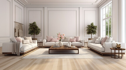 Contemporary Elegance Expansive Living Room Interior with White Wall, Hardwood Floors, Designer Furniture, and Cozy Flair. created with Generative AI