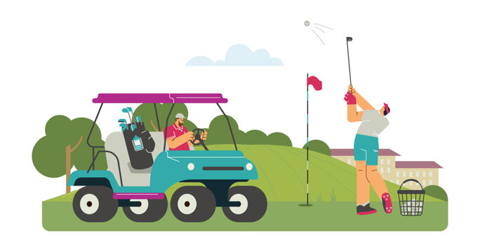 Young men playing golf, driving cart with golf equipment, club bag on lawn, sport leisure activity vector illustration