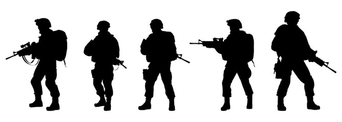 set of silhouettes army holding a gun weapon. isolated on a transparent background. eps 10