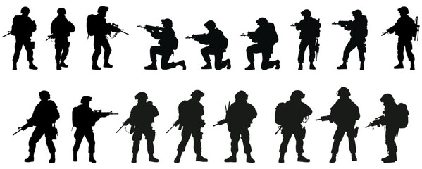 set of silhouettes army holding a gun weapon. isolated on a transparent background. eps 10