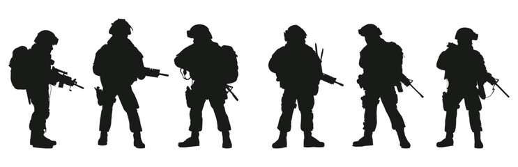 set of silhouettes army holding a gun weapon. isolated on a transparent background. eps 10