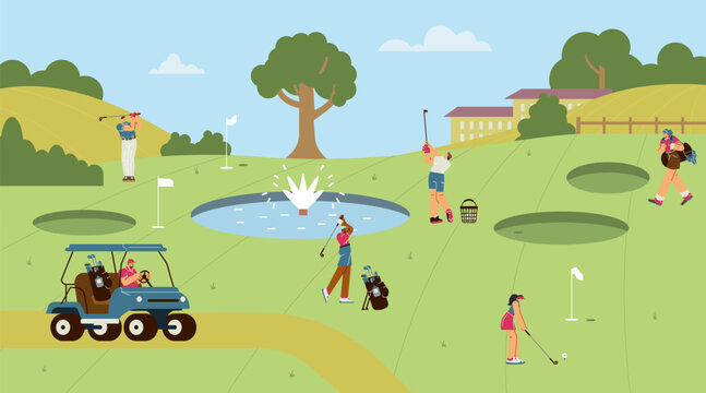 People playing golf on the lawn with fountain, driving cart with golf equipment, club bag, sport vector illustration