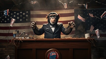 With a setting reminiscent of political campaigns, the chimp stands behind a podium adorned with colorful flags, wearing a tiny tailored suit