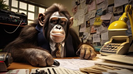 In a parody of a bustling office, the chimp sits behind a cluttered desk with a tiny tie and glasses, typing away on a toy typewriter