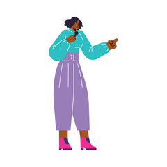 Woman speaks into microphone, flat vector illustration isolated on white background.