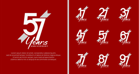 set of anniversary logo white color number and white ribbon on red background for celebration