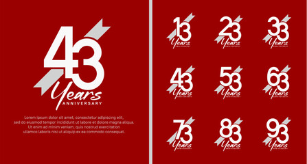 set of anniversary logo white color number and white ribbon on red background for celebration