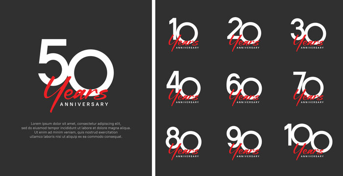 set of anniversary logo flat white color number and red text on black background for celebration