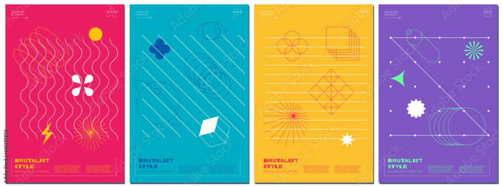 Poster trendy abstract brutalism poster set with memphis geometric shapes. modern brutalist style retro fut