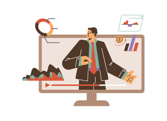 Businessman in monitor presenting and explaining statistics chart diagram, finance marketing project vector illustration