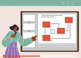 Recording vector screen with woman and presentation, explaining in microphone and pointing on screen with infographics