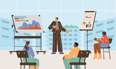 Businessman making presentation in front of audience, flat vector illustration.