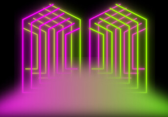 Fototapeta premium 3d render abstract Neon lines triangles tunnel, Square rectangle picture frame with two tone neon color motion graphic on isolated black background.