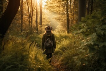 Natural Environment as a Spiritual Resource. Earth energy, Nature Spirituality, turning to nature, Nature-Based Spirituality Responsibly. Back view of person on nature background with sun light