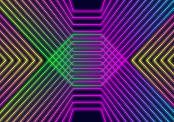 3d render abstract Neon lines triangles tunnel, Square rectangle picture frame with two tone neon color motion graphic on isolated black background.