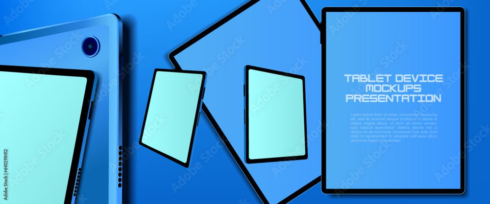Poster set of modern electronic tablets with blank screen from different sides. creative vector template fo