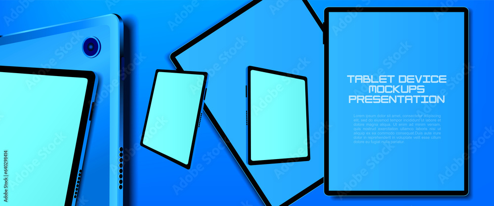 Poster set of modern electronic tablets with blank screen from different sides. creative vector template fo