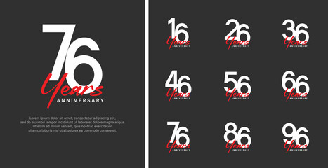 set of anniversary logo flat white color number and red text on black background for celebration