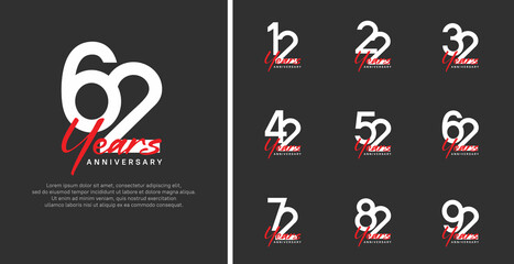 set of anniversary logo flat white color number and red text on black background for celebration