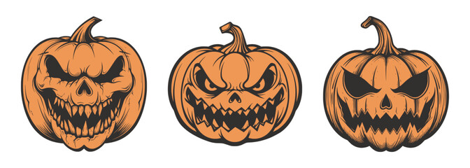Set of scary spooky boo Halloween pumpkin lantern monster. Traditional autumn october american holiday symbol. Graphic Art	
