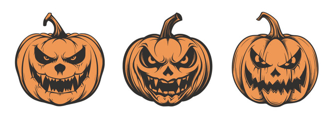 Set of scary spooky boo Halloween pumpkin lantern monster. Traditional autumn october american holiday symbol. Graphic Art	
