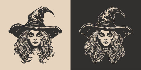 Vintage retro Halloween witch magic wisard female girl woman spooky scary horror element. Monochrome Graphic Art. Vector. Hand drawn element in engraving. style