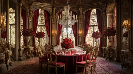 Fototapeta na wymiar Royal Dining Room , An opulent dining room with crystal chandeliers, intricate moldings, and regal tapestries