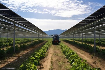 Agrivoltaics, Solar panels used along with agricultural crops, Renewable energy ESG 2050 carbon neutrality, 	
