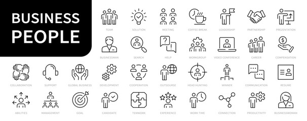 Business people line icons collection. Business people symbols set. Businessman & Businesswoman icon. Agreements, Partnership, Headhunting, Leadership, Teamwork, Company icon. Vector