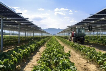 Agrivoltaics, Solar panels used along with agricultural crops, Renewable energy ESG 2050 carbon neutrality, 	
 - obrazy, fototapety, plakaty