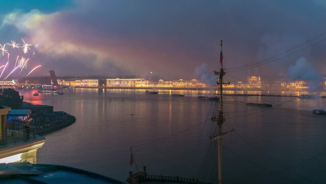 Aerial timelapse of fireworks above St. Petersburg, Russia during the Scarlet Sails festival. Shot from a rooftop, featuring Trinity Bridge and waterfront. Moon is rising