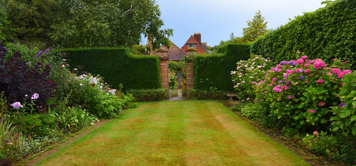 Colourful garden with gate and hedges