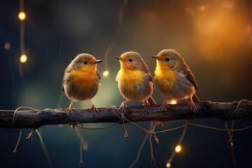Fototapeta premium Three birds sitting on branch